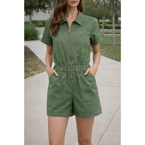 J.Crew Green Zip Front Utility Romper Shorts Size 6 Cotton Elastic Waist